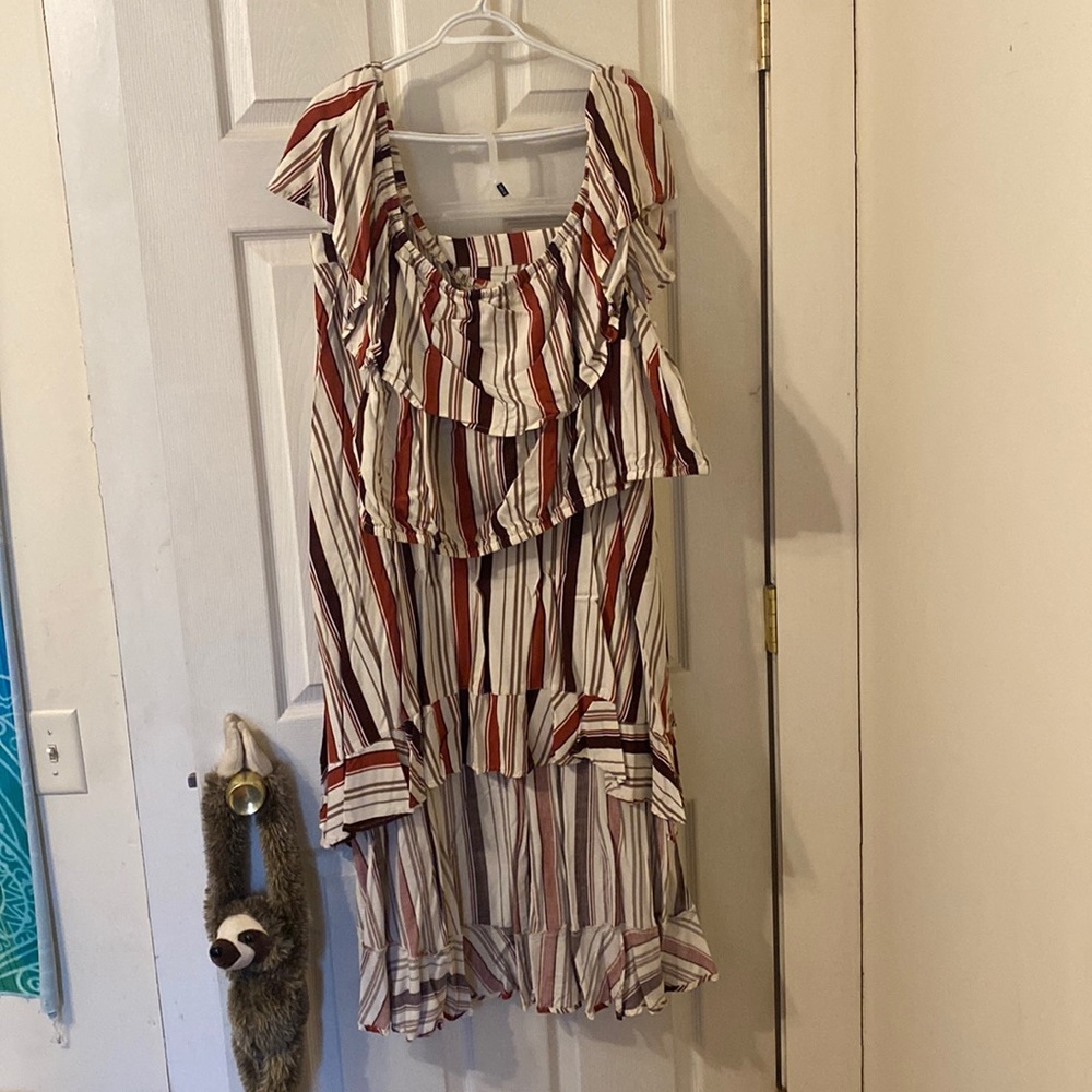 Torrid striped crop off the shoulder top with matching  high low maxi skirt